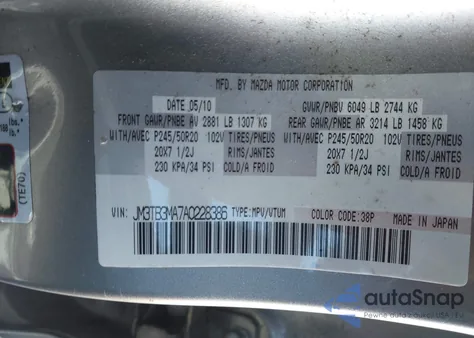 2010 Mazda Cx-9 Grand Touring/Sport/Touring z USA, uszkodzony, nr VIN JM3TB3MA7A0228386